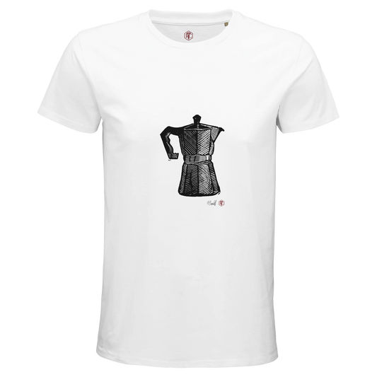 Organic cotton T-shirt with the linocut “Moka Pot” – white, men’s cut