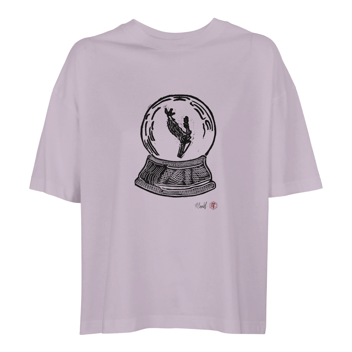 Organic cotton T-shirt with the linocut “Snow Globe Branch” – lilac, women’s cut