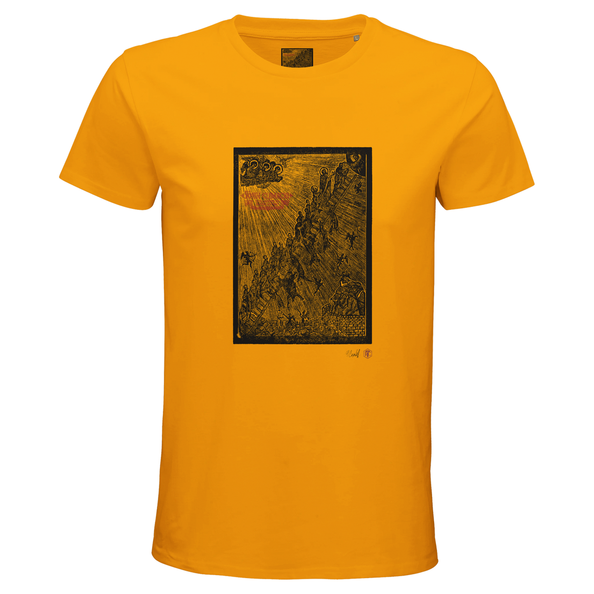 Organic cotton T-shirt with the linocut “The Ladder” – gold, men’s cut