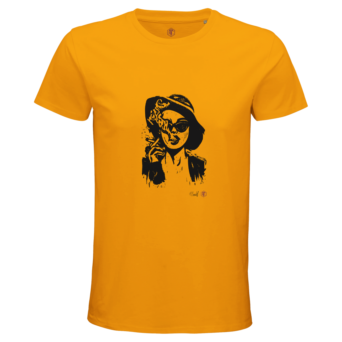 Organic cotton T-shirt with the linocut “Smoke” – gold, men’s cut