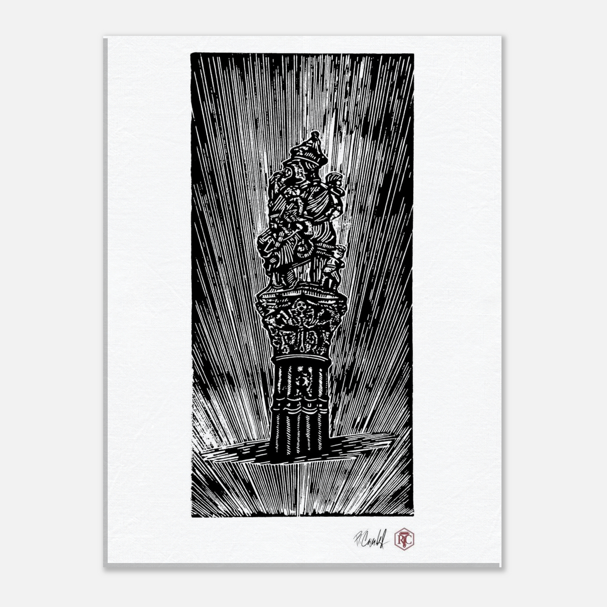 Canvas print 30 × 40 cm with the linocut “The Fountain, Bern” – front view