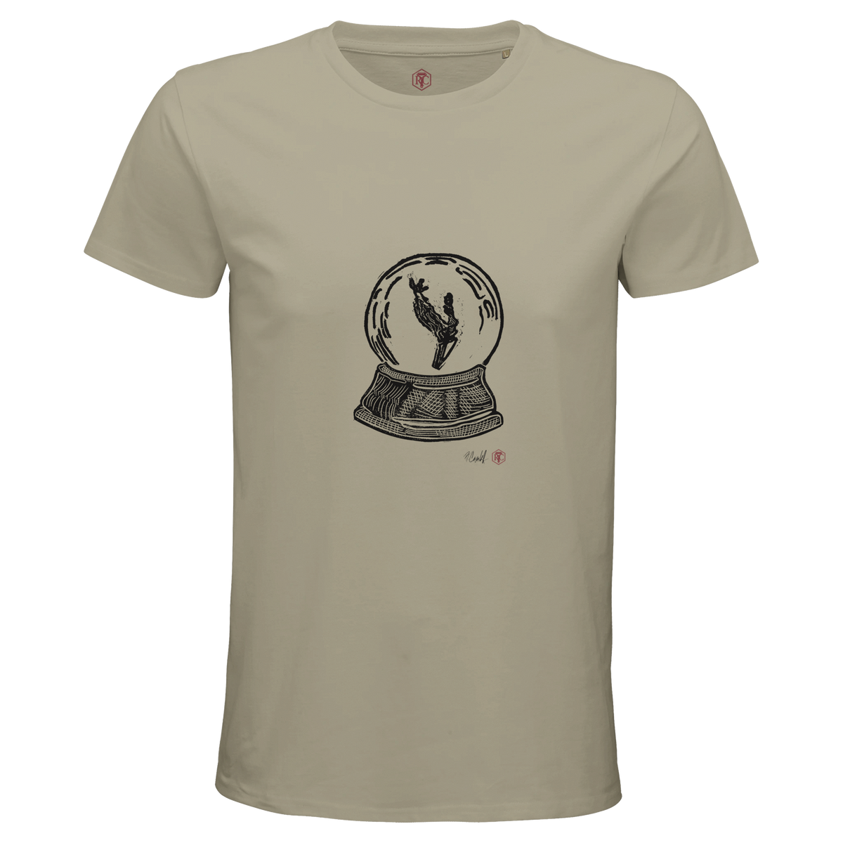 Organic cotton T-shirt with the linocut “Snow Globe Branch” – sand, men’s cut