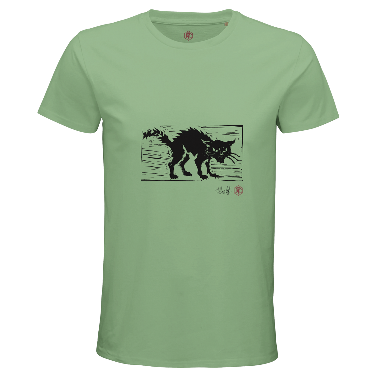 Organic cotton T-shirt with the linocut “Cat” – apple green, men’s cut