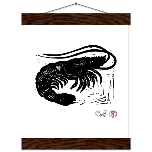 Poster 20 × 25 cm with wooden hanger, linocut “Shrimp” – front view
