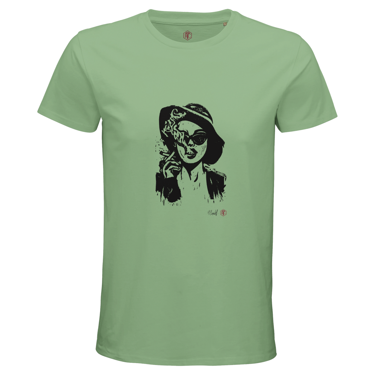 Organic cotton T-shirt with the linocut “Smoke” – apple green, men’s cut