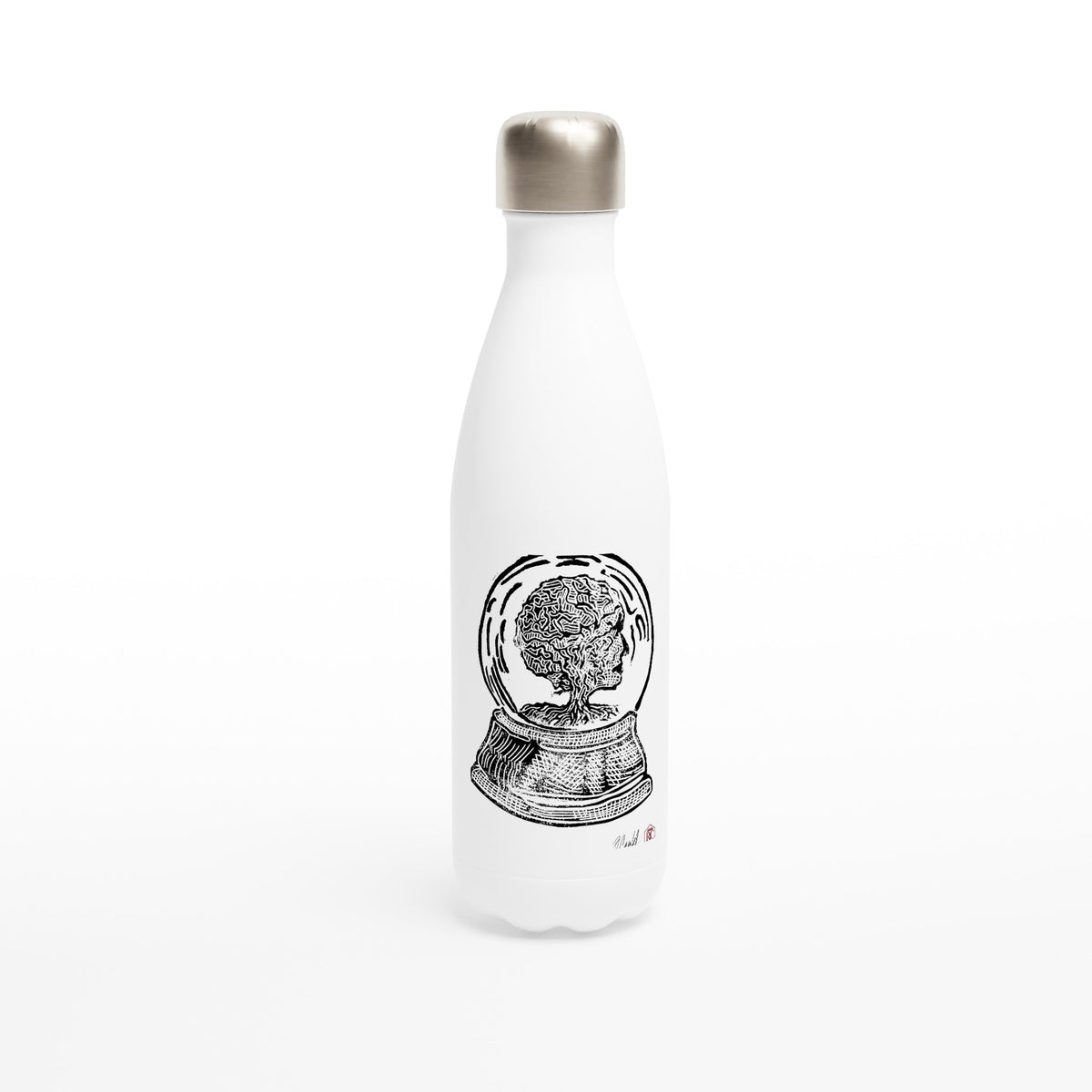 Stainless steel bottle with the linocut “Snow Globe Tree” – view 1