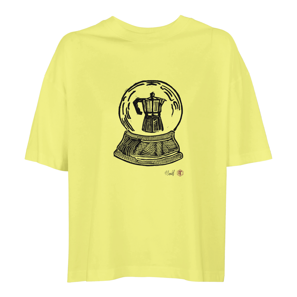 Organic cotton T-shirt with the linocut “Snow Globe Moka Pot” – light yellow, women’s cut