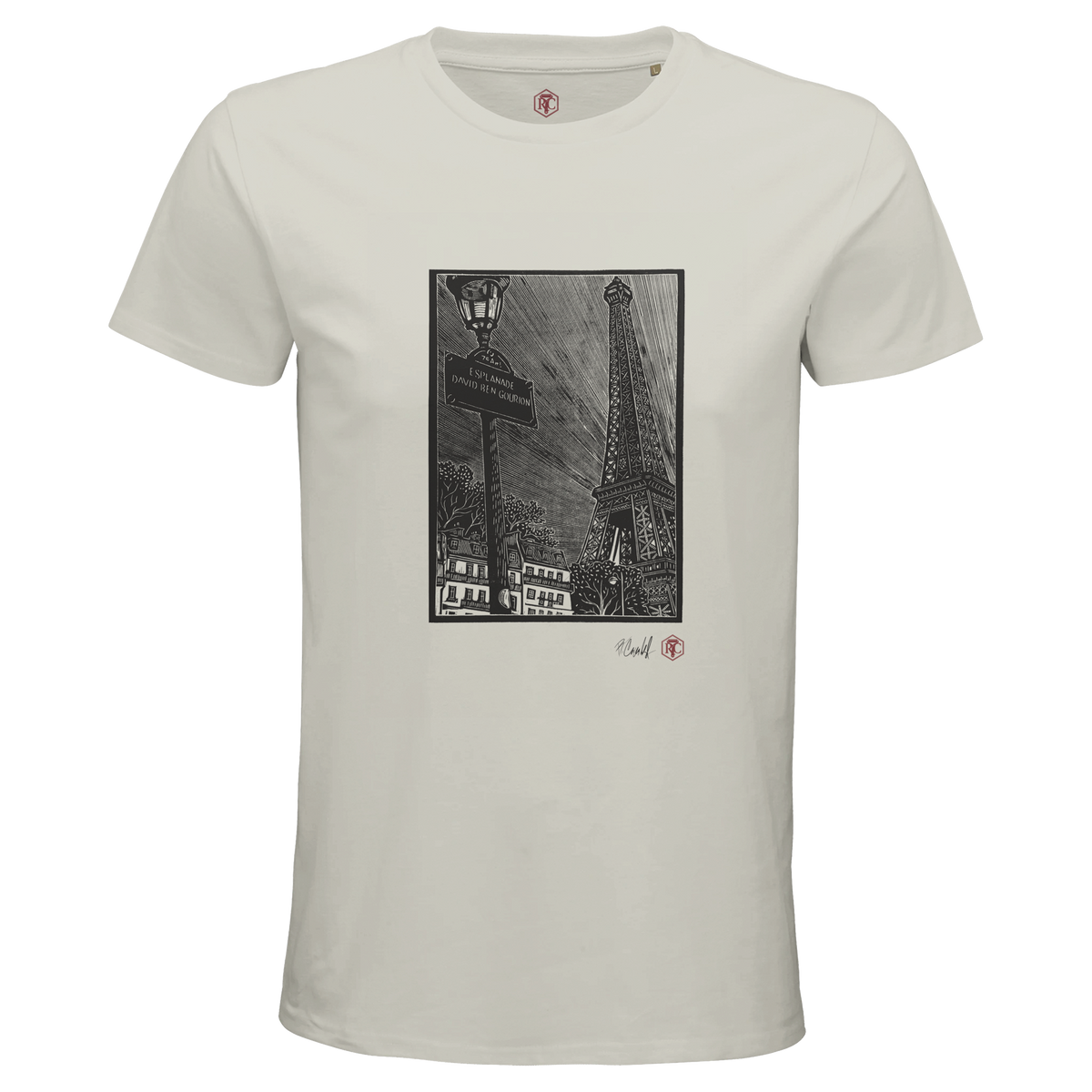 Organic cotton T-shirt with the linocut “Esplanade, Paris” – ash grey, men’s cut