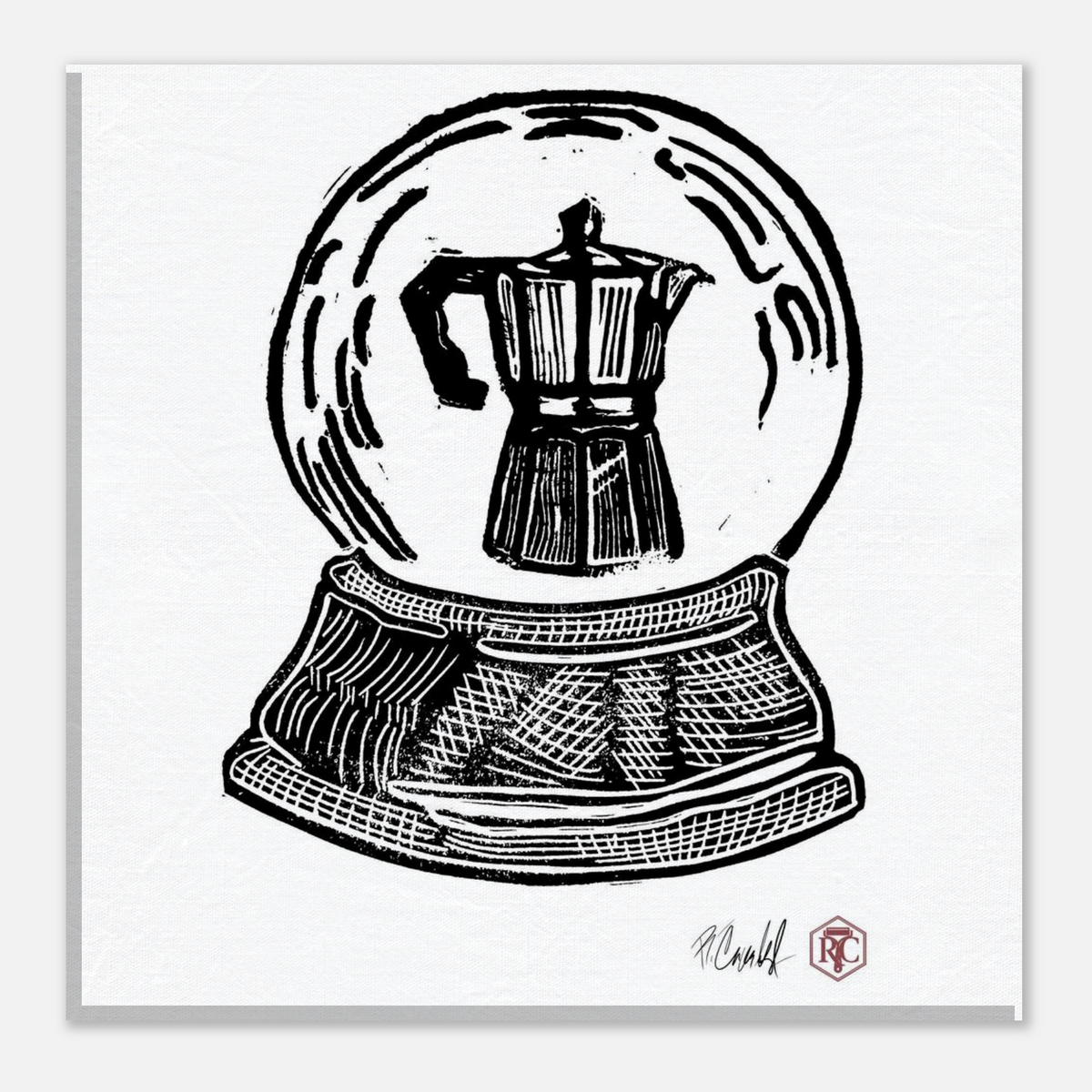 Canvas print 20 × 20 cm with the linocut “Snow Globe Moka Pot” – front view