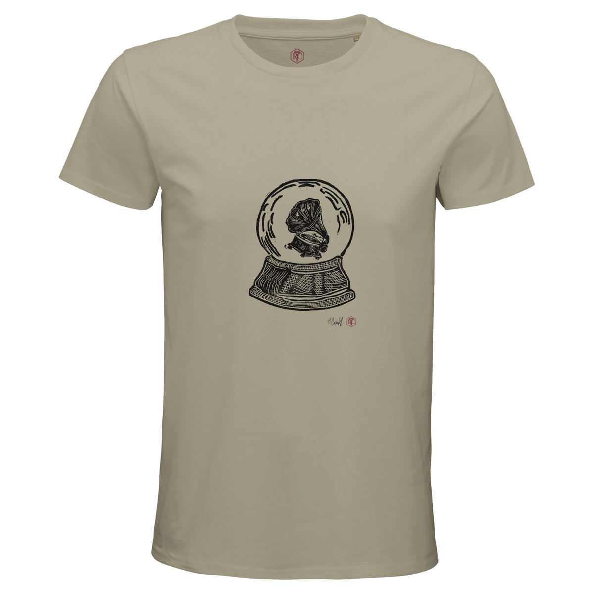 Organic cotton T-shirt with the linocut “Snow Globe Gramophone” – sand, men’s cut