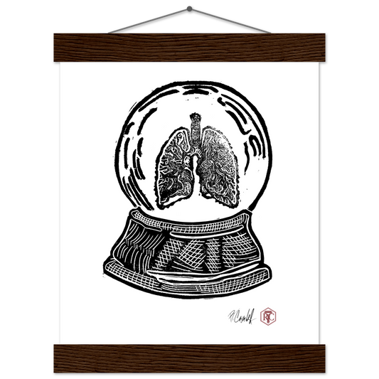 Poster 20 × 25 cm with wooden hanger, linocut “Snow Globe Lungs” – front view