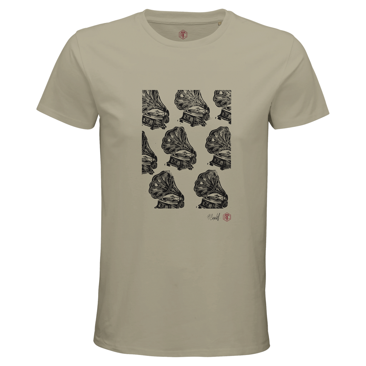 Organic cotton T-shirt with the linocut “Gramophones” – sand, men’s cut