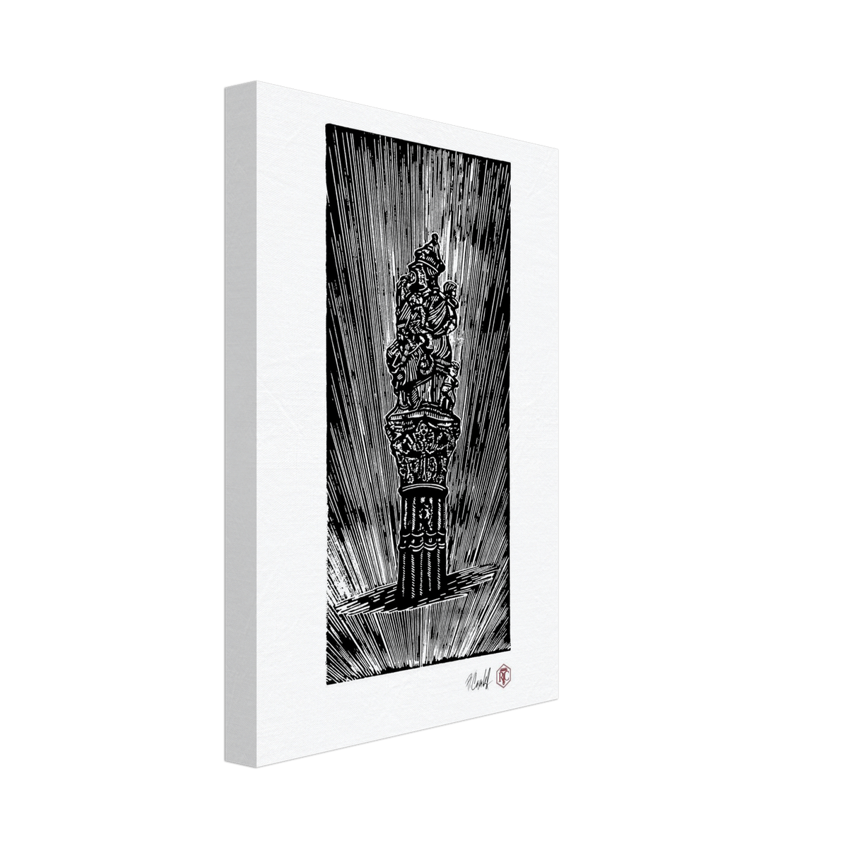 Canvas print with the linocut “The Fountain, Bern” – side view