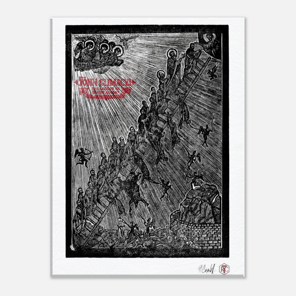 Canvas print 30 × 40 cm with the linocut “The Ladder” – front view