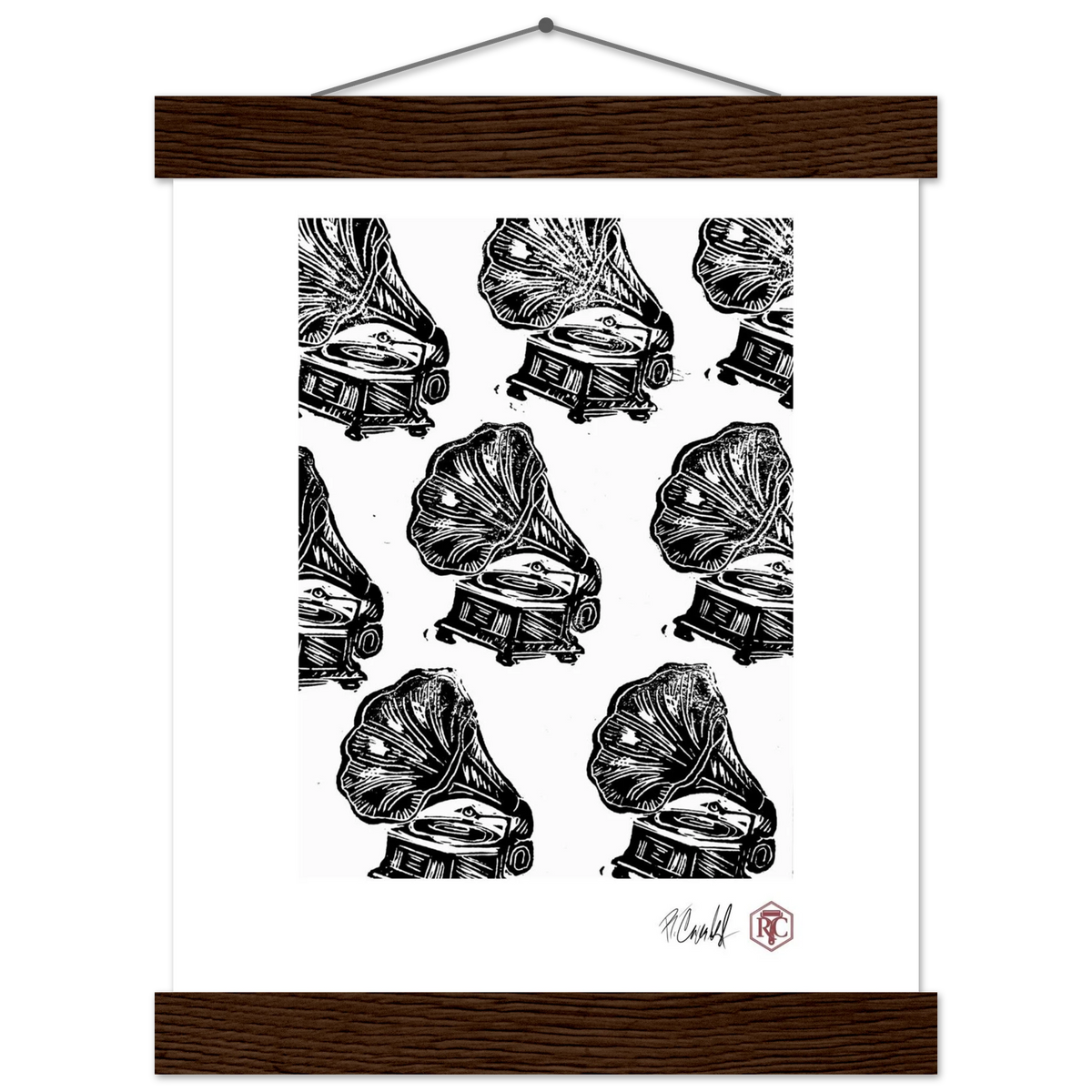 Poster 20 × 25 cm with wooden hanger, linocut “Gramophones” – front view