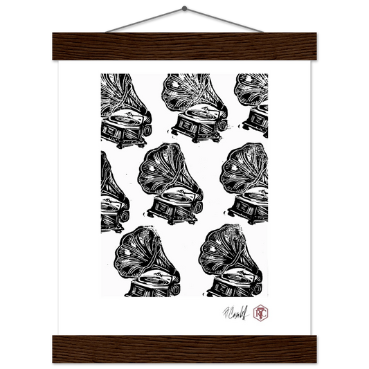 Poster 20 × 25 cm with wooden hanger, linocut “Gramophones” – front view