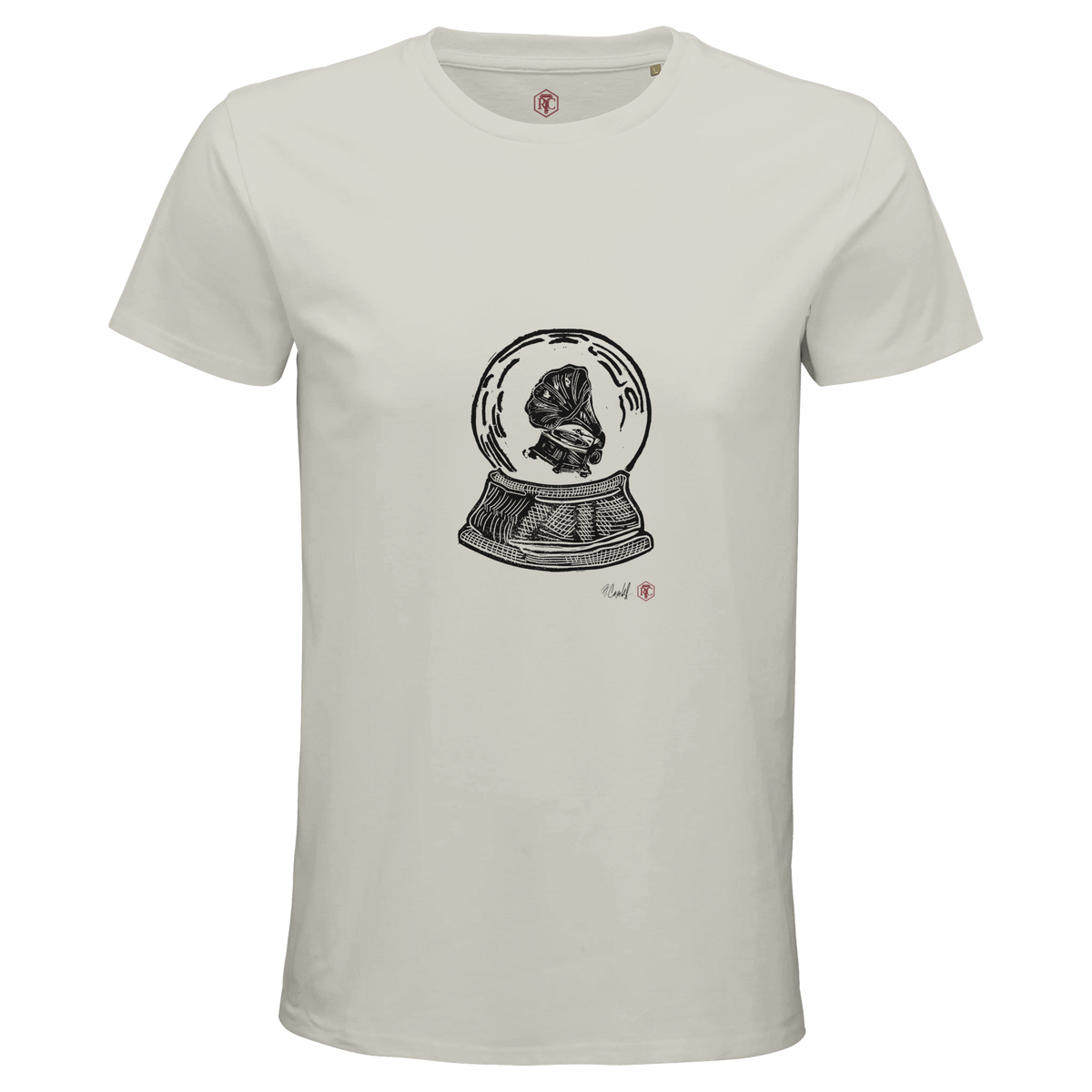Organic cotton T-shirt with the linocut “Snow Globe Gramophone” – ash grey, men’s cut
