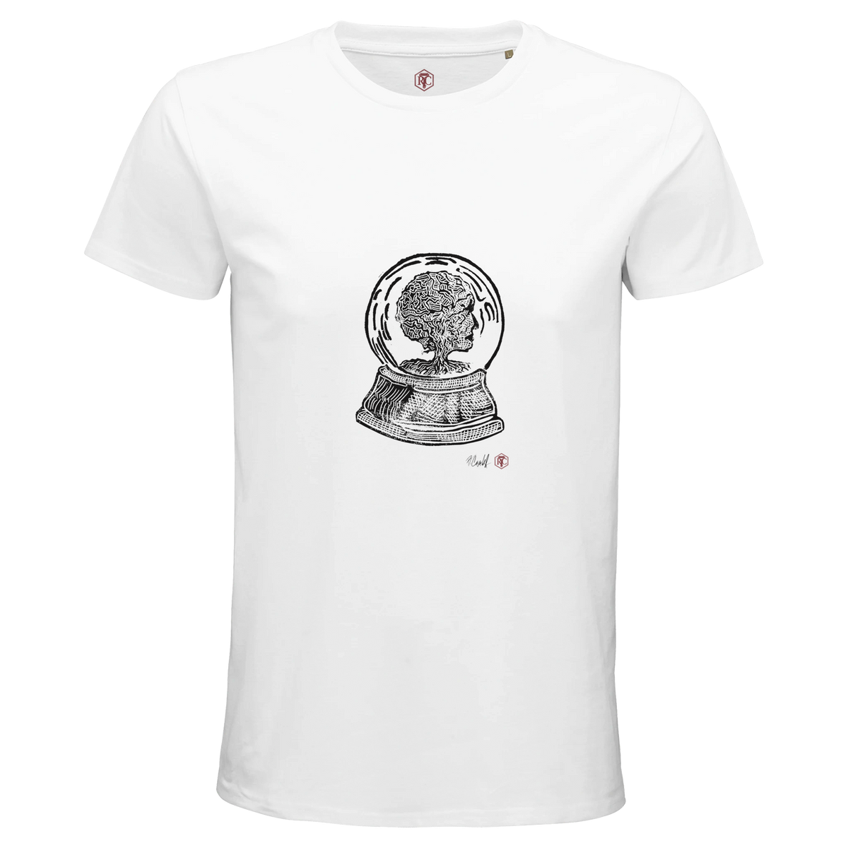 Organic cotton T-shirt with the linocut “Snow Globe Tree” – white, men’s cut