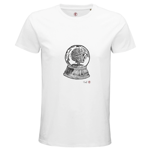 Organic cotton T-shirt with the linocut “Snow Globe Tree” – white, men’s cut
