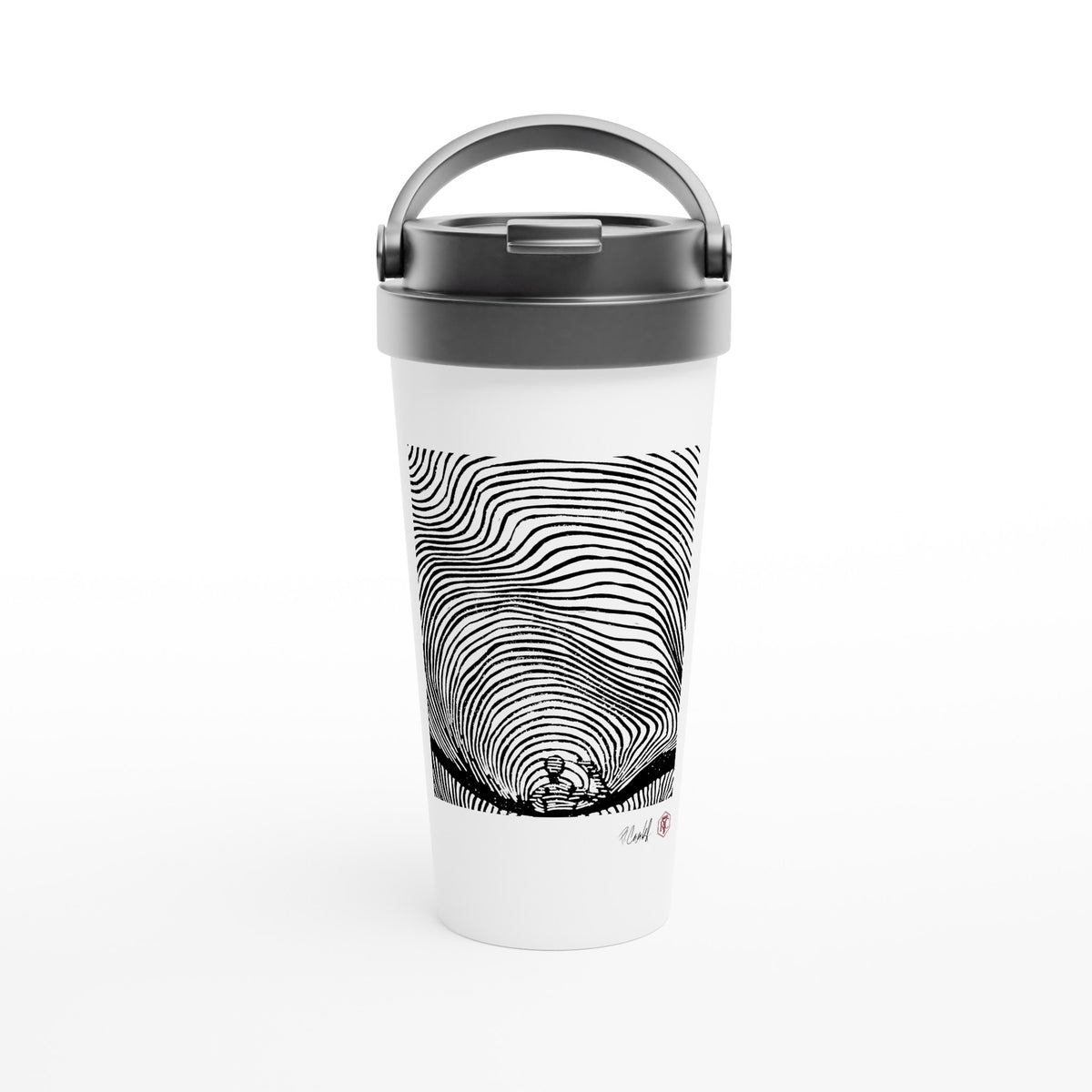 Stainless steel travel mug with the linocut “Waves” – view 1