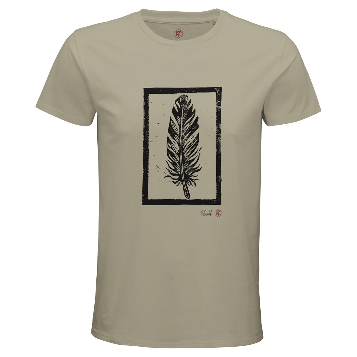 Organic cotton T-shirt with the linocut “Feather” – sand, men’s cut