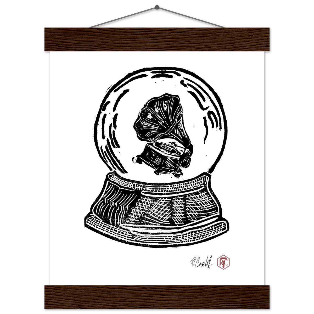 Poster 20 × 25 cm with wooden hanger, linocut “Snow Globe Gramophone” – front view