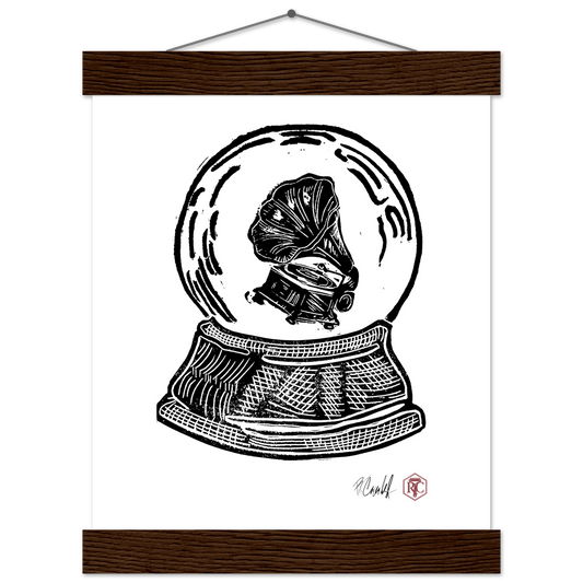 Poster 20 × 25 cm with wooden hanger, linocut “Snow Globe Gramophone” – front view