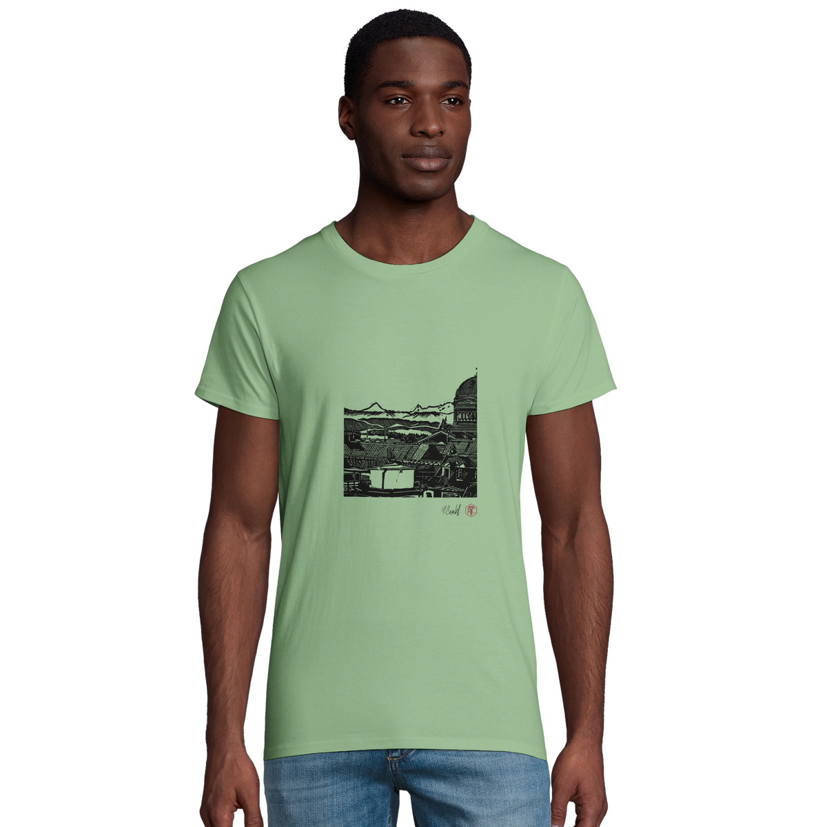 Model wearing T-shirt “Above Bern”, apple green, men’s cut – front view