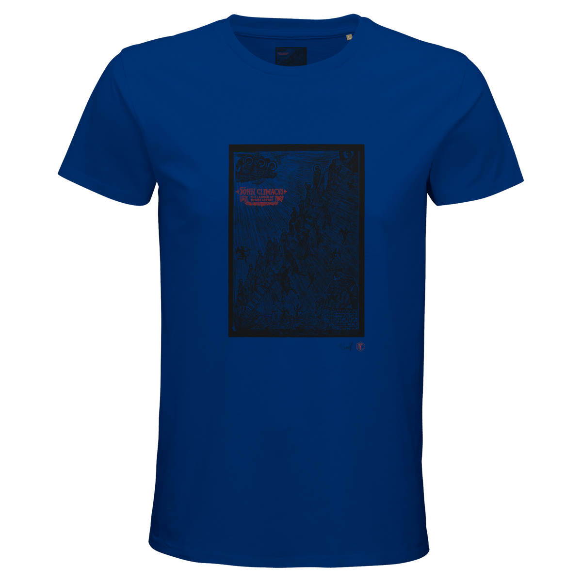 Organic cotton T-shirt with the linocut “The Ladder” – royal blue, men’s cut