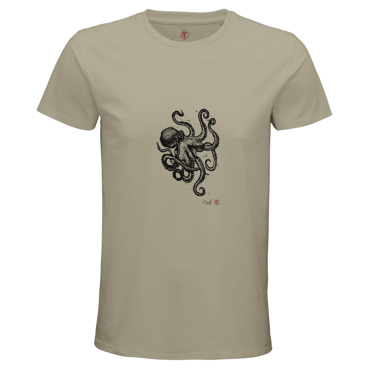 Organic cotton T-shirt with the linocut “Octopus” – sand, men’s cut