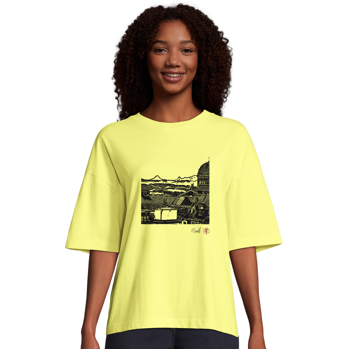 Model wearing T-shirt “Above Bern”, light yellow, women’s cut – front view