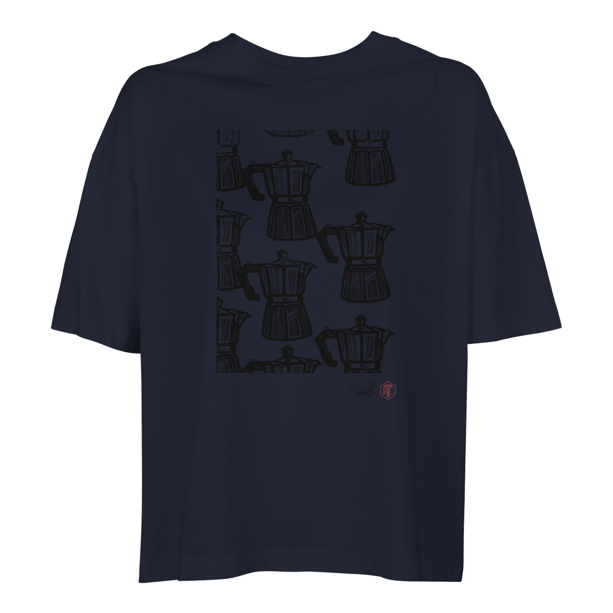 Organic cotton T-shirt with the linocut “Moka” – navy blue, women’s cut