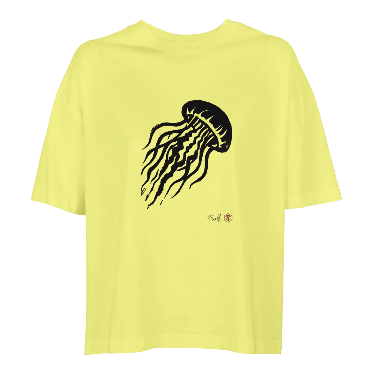 Organic cotton T-shirt with the linocut “Jellyfish” – light yellow, women’s cut