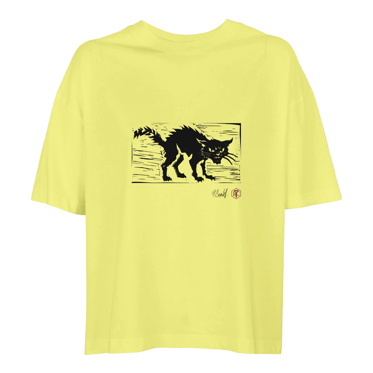 Organic cotton T-shirt with the linocut “Cat” – light yellow, women’s cut
