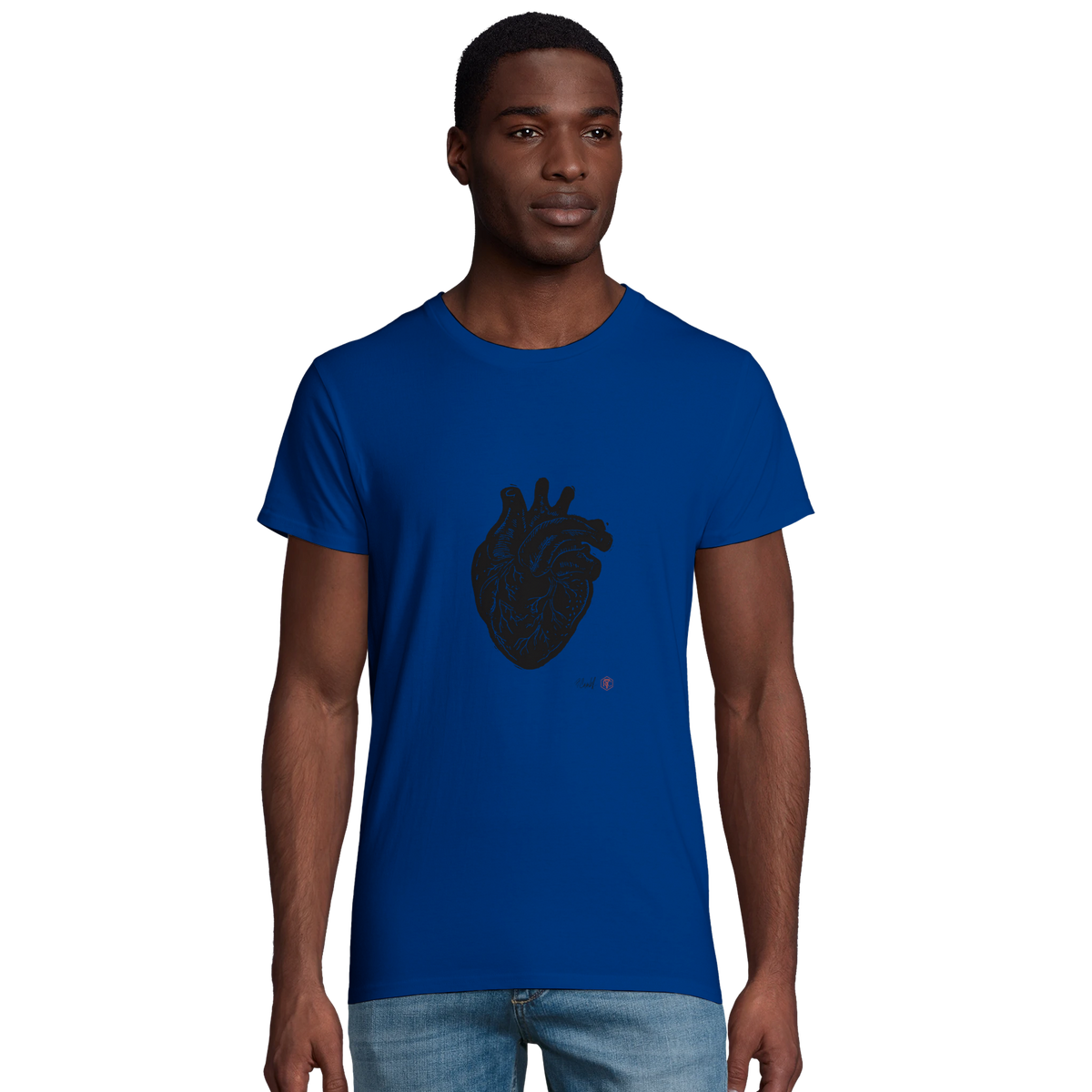 Model wearing T-shirt “Anatomical Heart”, royal blue, men’s cut – front view