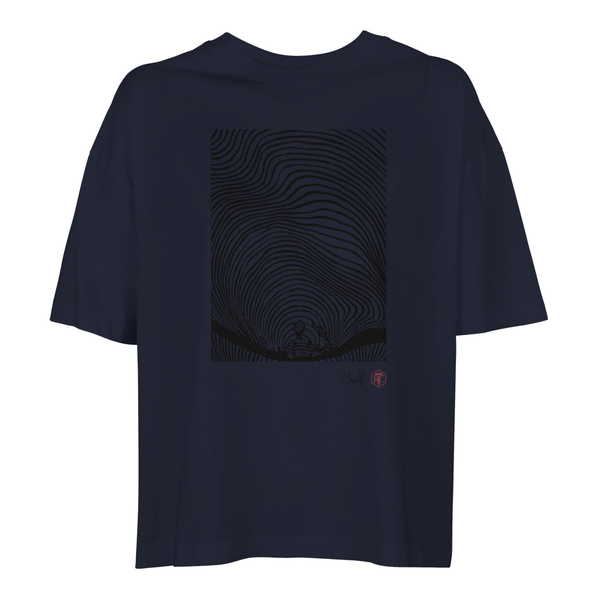 Organic cotton T-shirt with the linocut “Waves” – navy blue, women’s cut