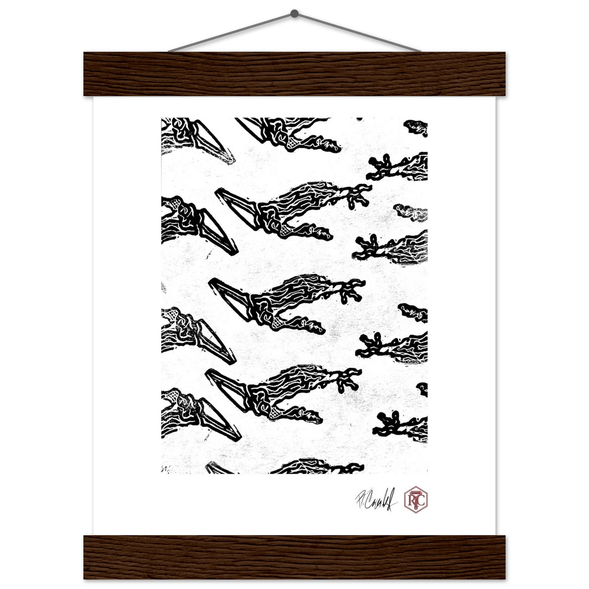 Poster 20 × 25 cm with wooden hanger, linocut “Claws” – front view