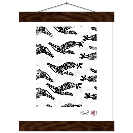 Poster 20 × 25 cm with wooden hanger, linocut “Claws” – front view