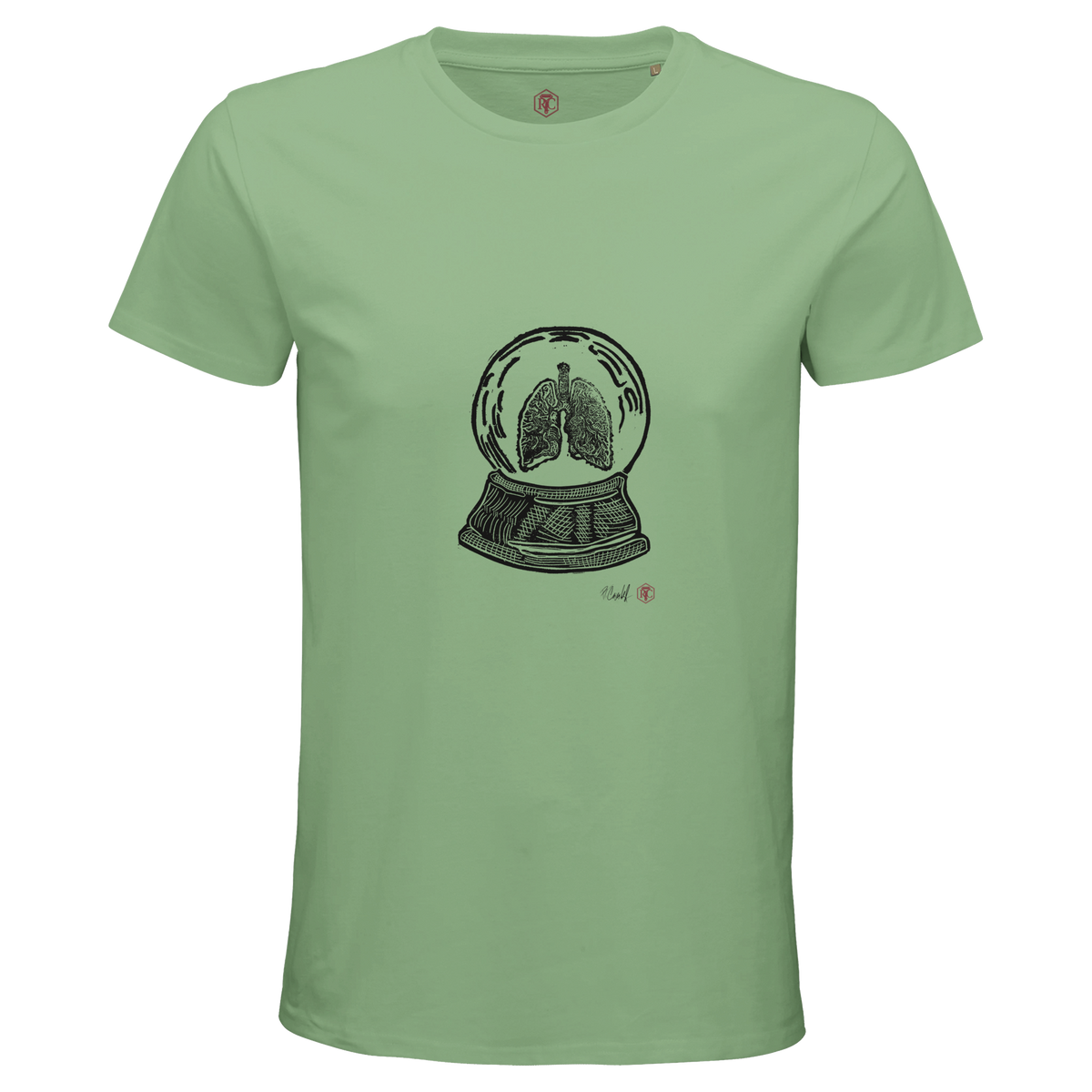 Organic cotton T-shirt with the linocut “Snow Globe Lungs” – apple green, men’s cut
