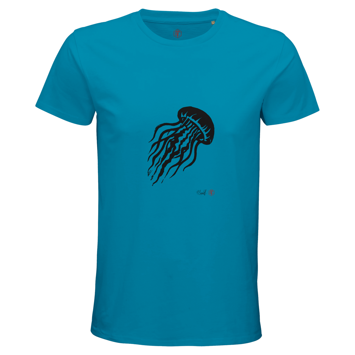 Organic cotton T-shirt with the linocut “Jellyfish” – aqua, men’s cut