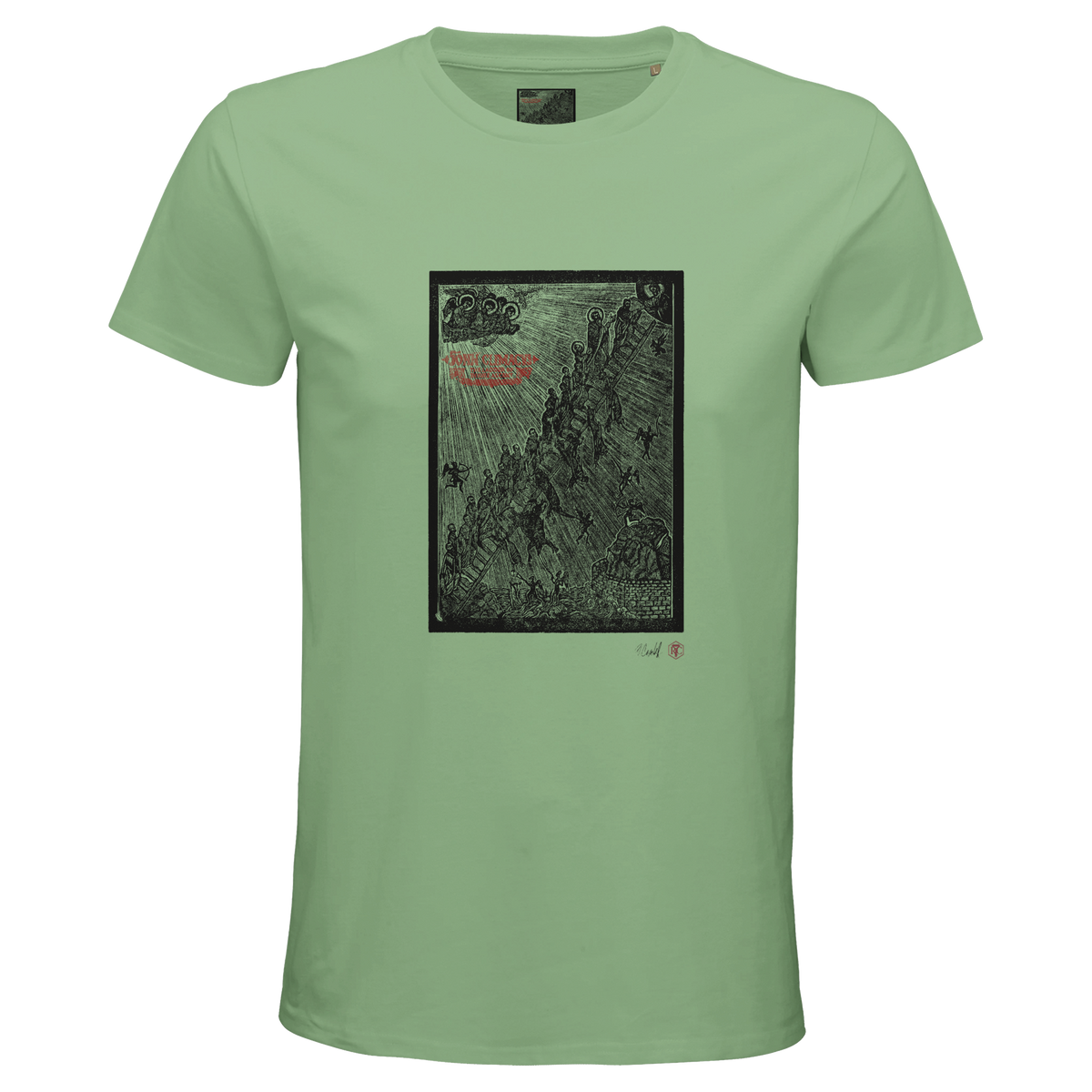 Organic cotton T-shirt with the linocut “The Ladder” – apple green, men’s cut
