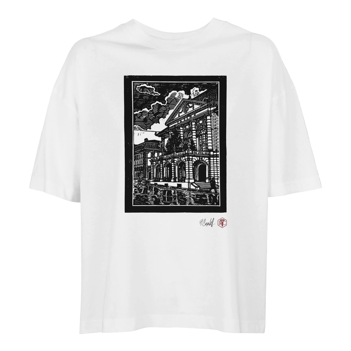 Organic cotton T-shirt with the linocut “Casino Bern” – white, women’s cut