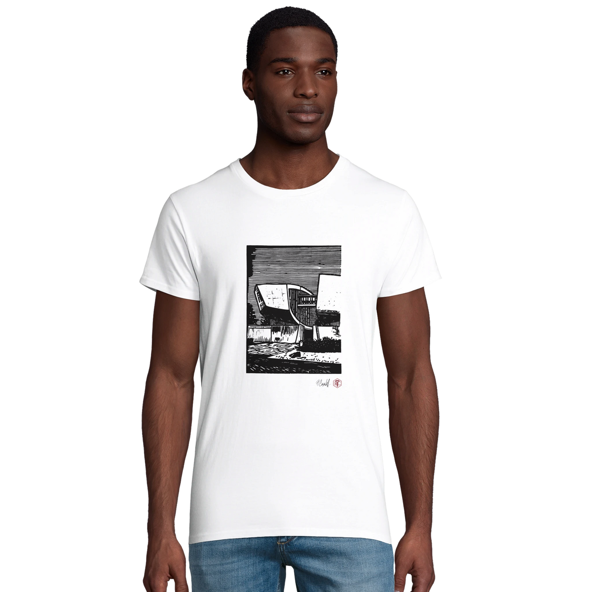 Model wearing T-shirt “SNP”, white, men’s cut – front view