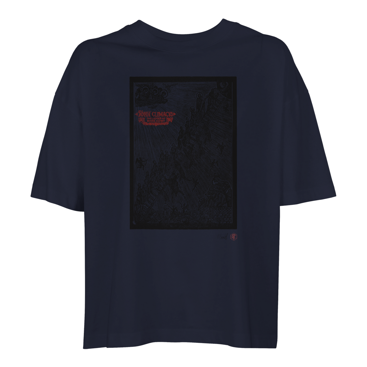 Organic cotton T-shirt with the linocut “The Ladder” – navy blue, women’s cut