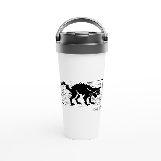 Stainless steel travel mug with the linocut “Cat” – view 1