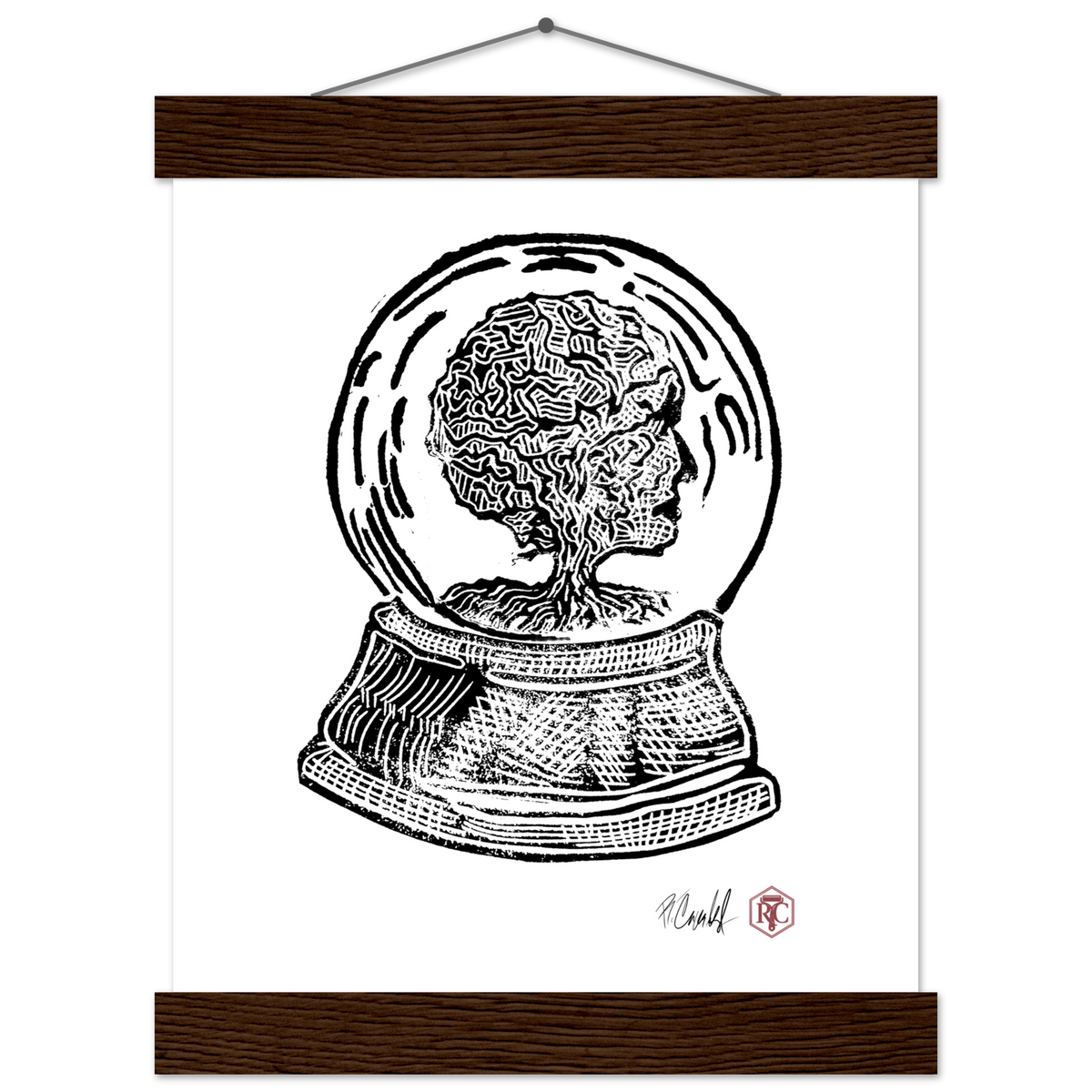 Poster 20 × 25 cm with wooden hanger, linocut “Snow Globe Tree” – front view