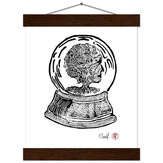 Poster 20 × 25 cm with wooden hanger, linocut “Snow Globe Tree” – front view