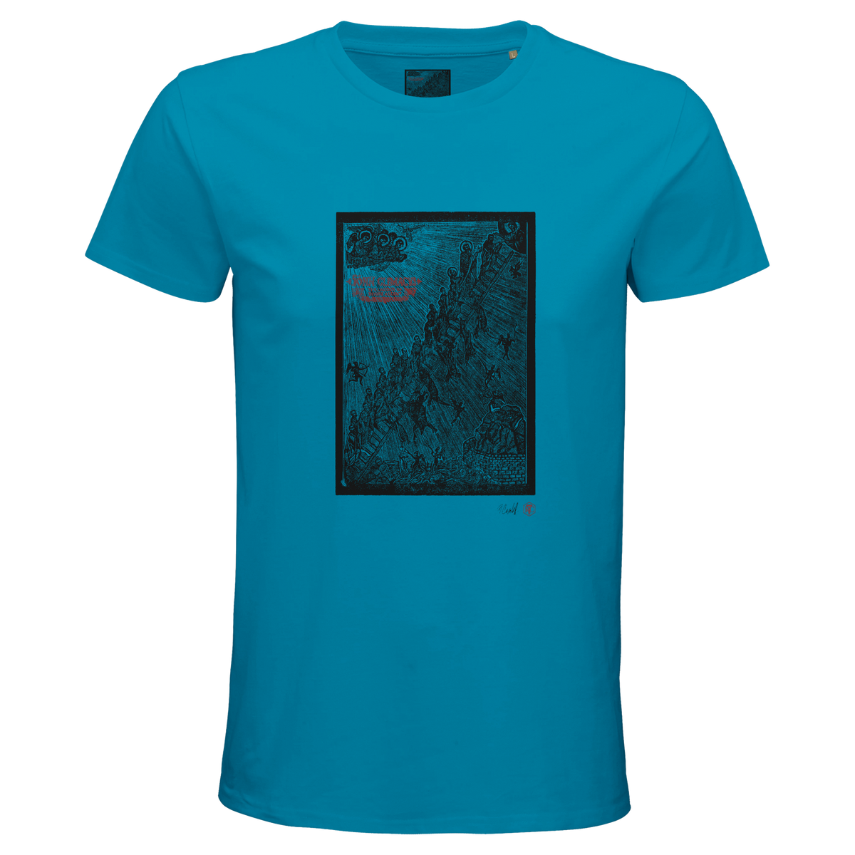 Organic cotton T-shirt with the linocut “The Ladder” – aqua, men’s cut