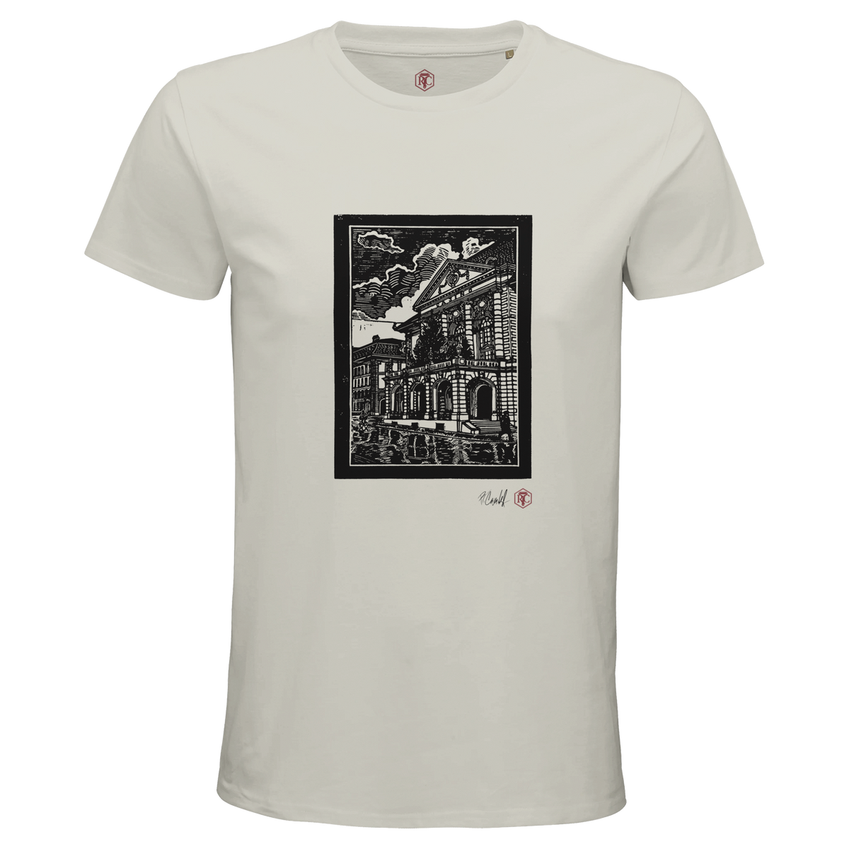 Organic cotton T-shirt with the linocut “Casino Bern” – ash grey, men’s cut