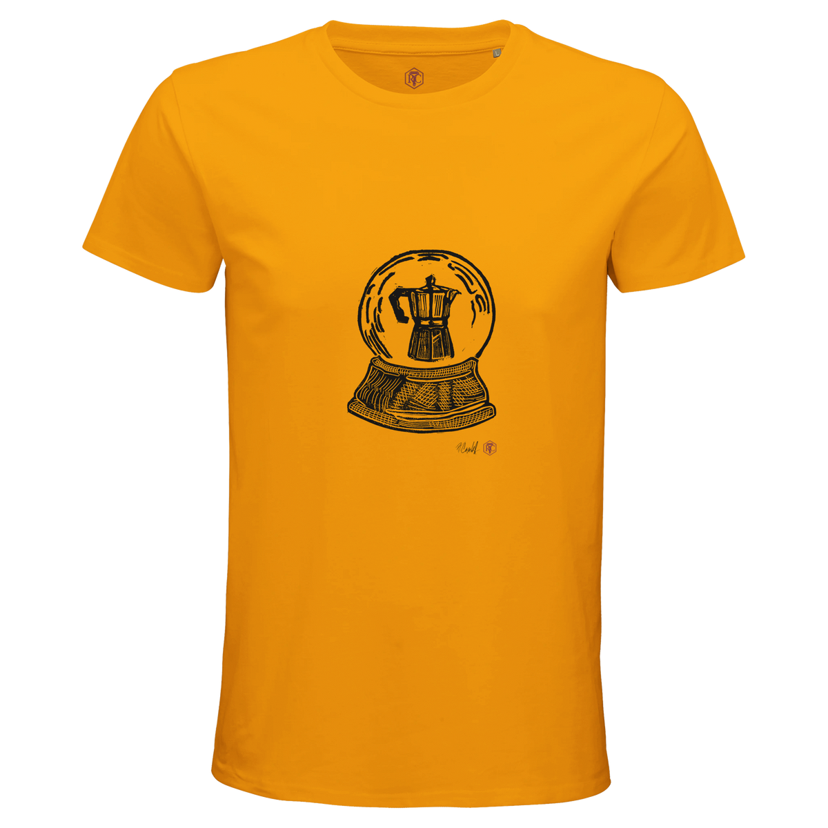 Organic cotton T-shirt with the linocut “Snow Globe Moka Pot” – gold, men’s cut